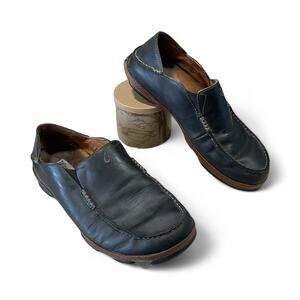 OluKai Moloa Slip On Shoes Mens 10.5 Black Leather Casual Comfort Loafers Slides